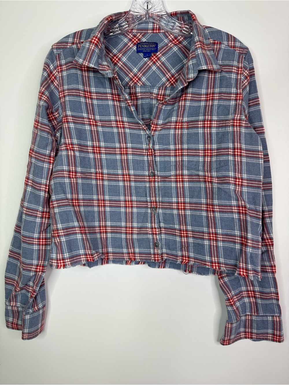 Pendleton Blue Plaid Cropped Flannel Button Up Shirt Size Large